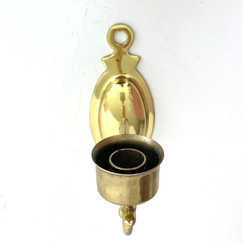 Vintage Polished Brass Wall Sconce Candle Holder Scroll Arm Oval Backplate Gold